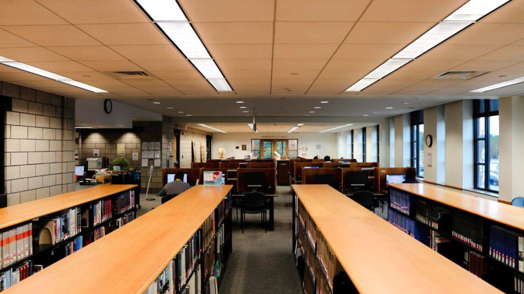 library interior with shelves and desks