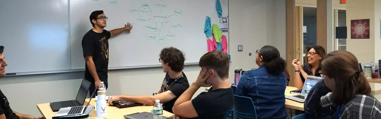 Students looking at a professor and white board in a classroom.